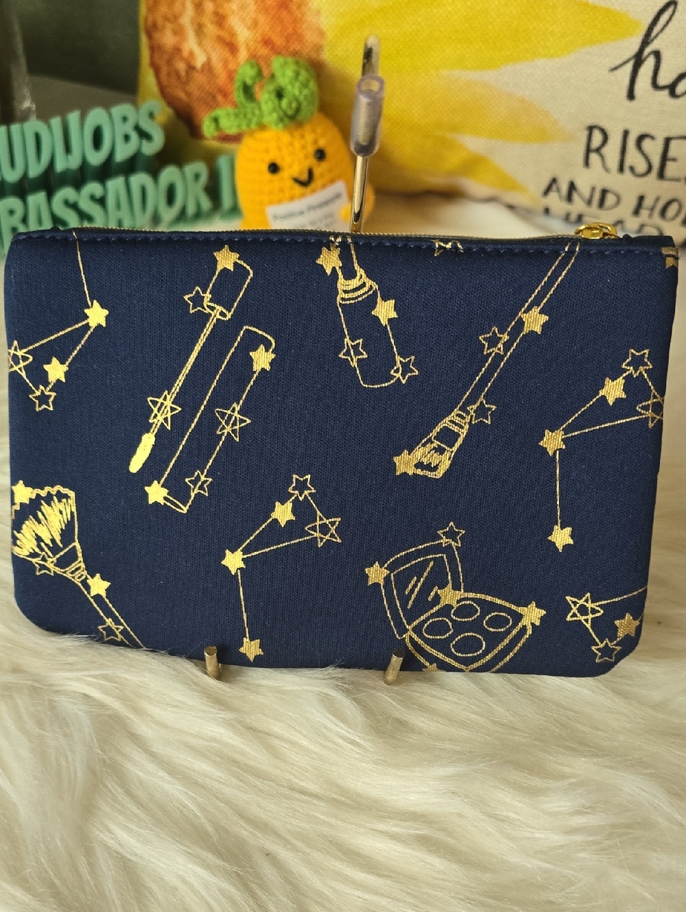 Ipsy Navy Cosmetic Pouch with Gold Makeup Star Print Nwot